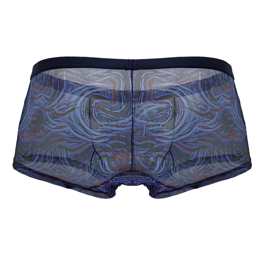 CandyMan 99873 seawater trunks multicolor print blue and gray patterned mesh briefs with dark navy waistband