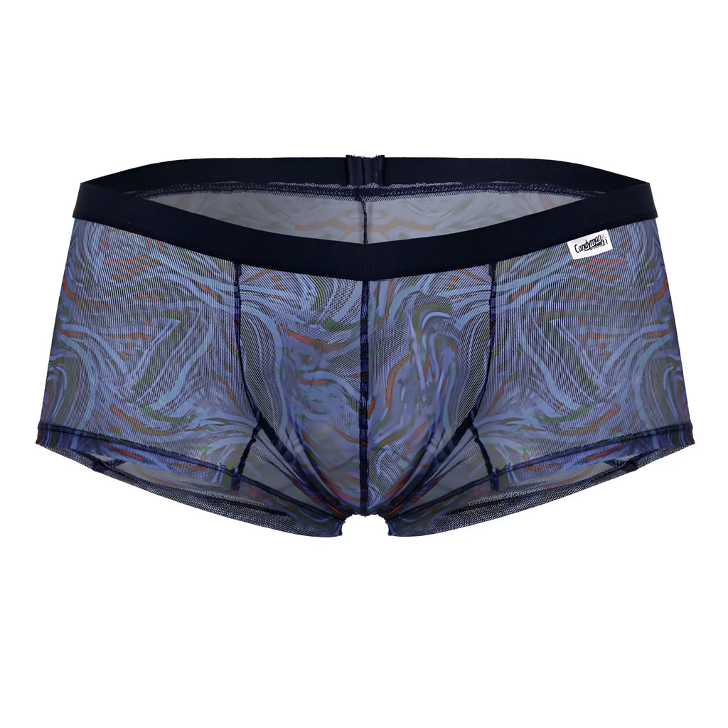 Candyman 99873 seawater trunks multicolor print marbled blue and green mesh briefs with black elastic waistband