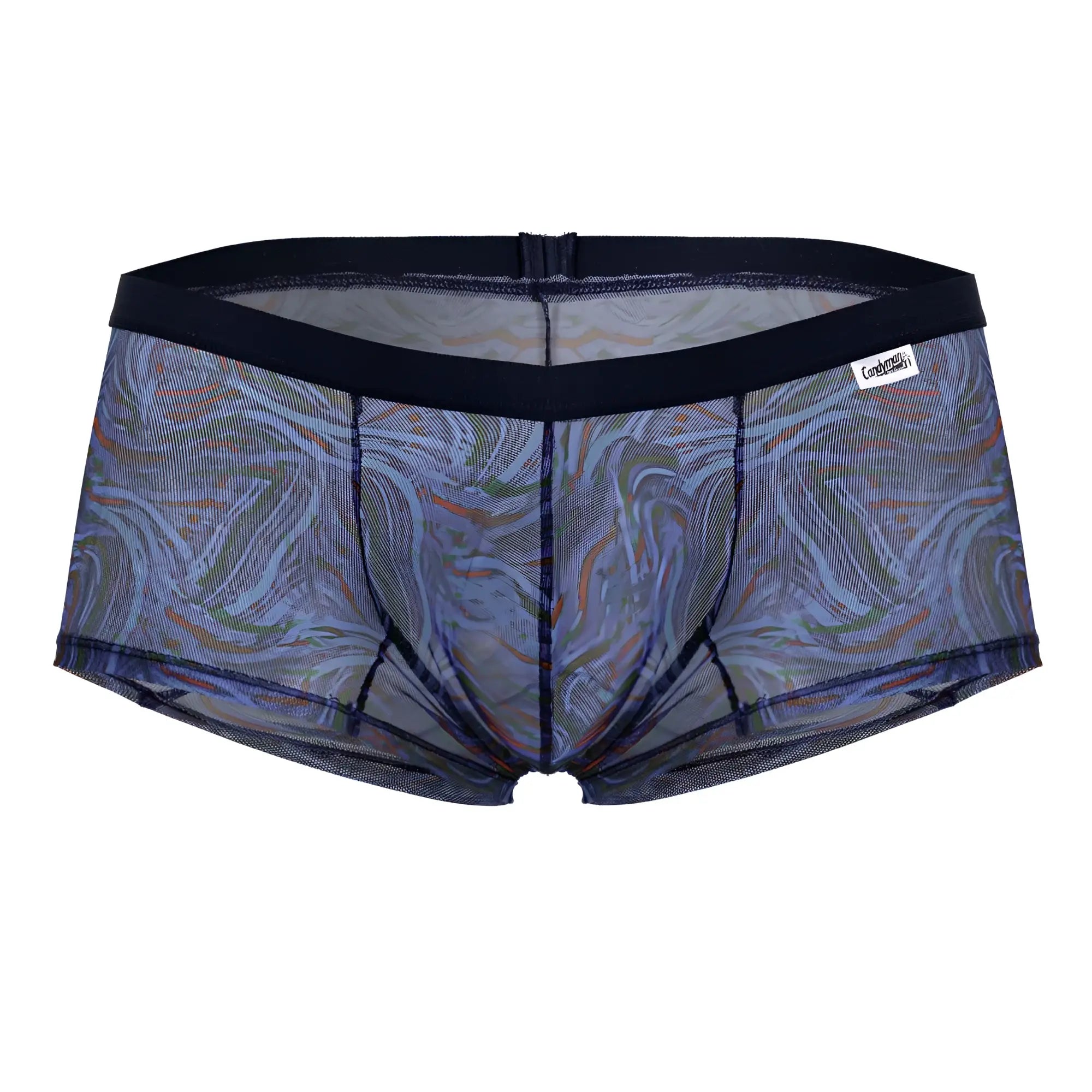 Candyman 99873 seawater trunks multicolor print marbled blue and green mesh briefs with black elastic waistband