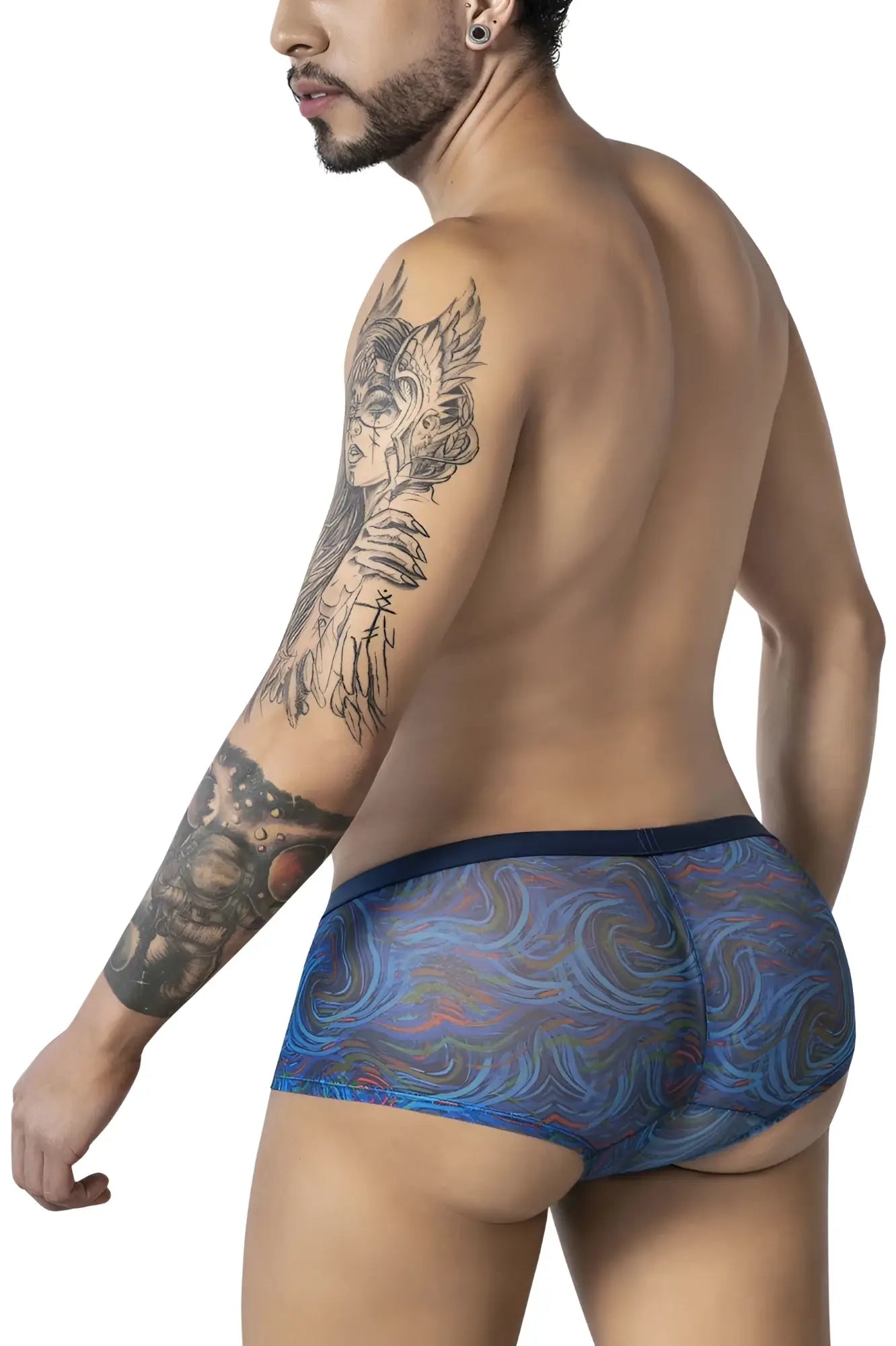 Candyman 99873 seawater trunks men’s briefs with blue and purple swirling pattern and dark blue waistband