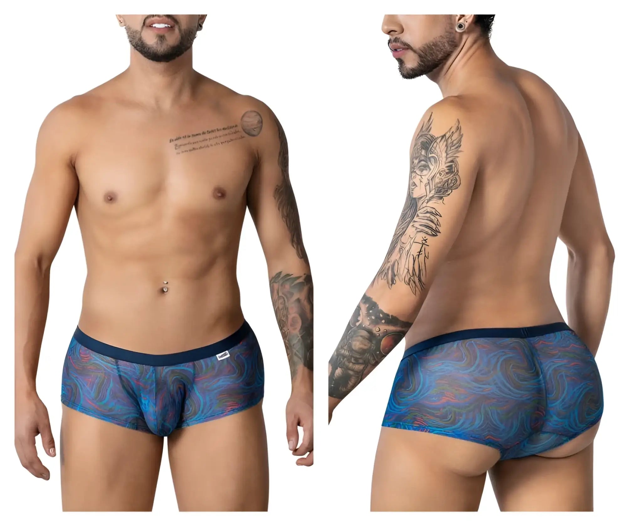 Candyman 99873 seawater trunks men’s briefs with blue and purple swirl pattern and dark blue elastic waistband