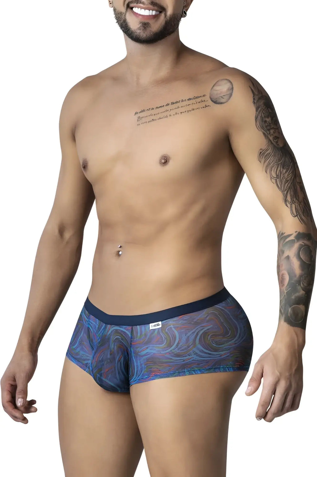 CandyMan 99873 Seawater trunks men’s briefs with blue and purple swirling pattern and dark blue waistband