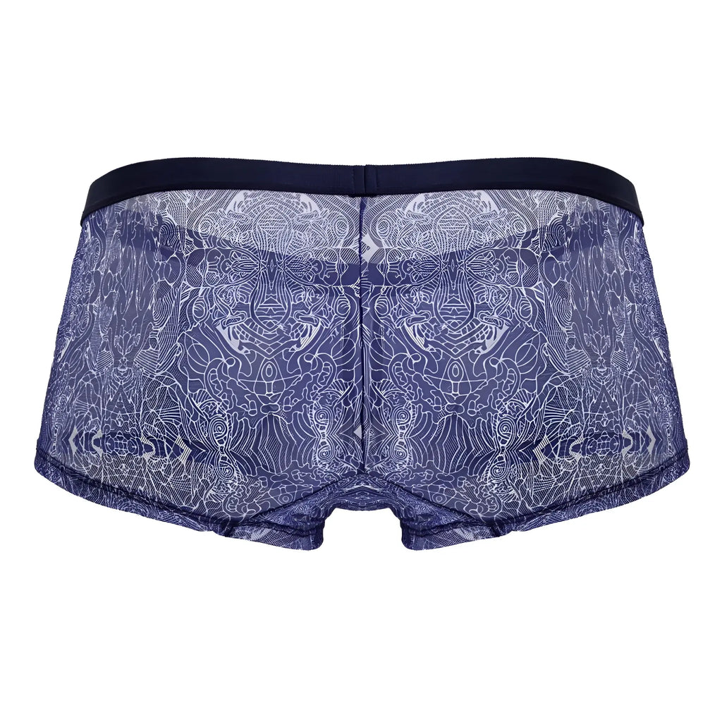 Blue lace boxer briefs with white intricate pattern and solid navy waistband candyMan 99873 water prints trunks