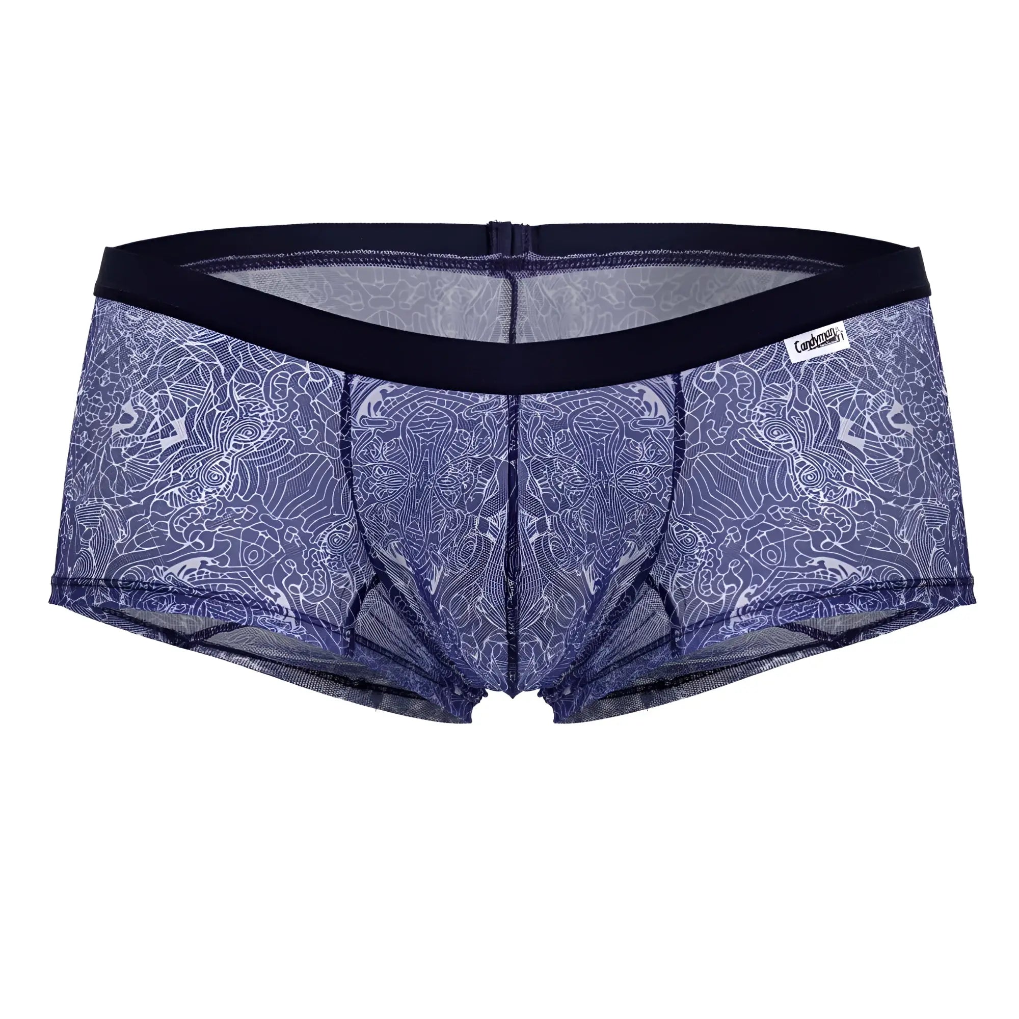 Bluelace patterned mens briefs with black waistband candyMan 99873 water prints trunks blue white color