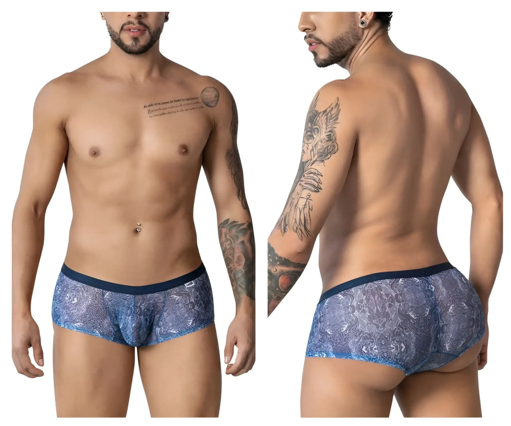 Blue lace-patterned CandyMan 99873 men’s briefs with solid navy waistband in blue-white color combination