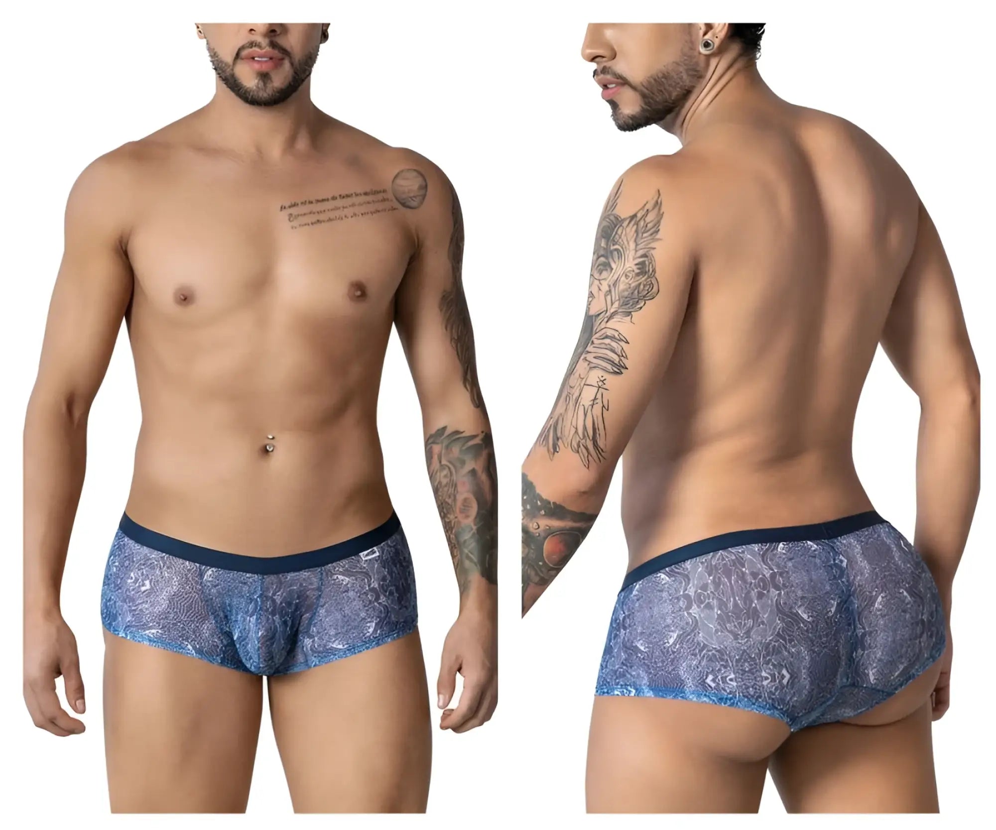 Blue lace-patterned CandyMan 99873 men’s briefs with solid navy waistband in blue-white color combination