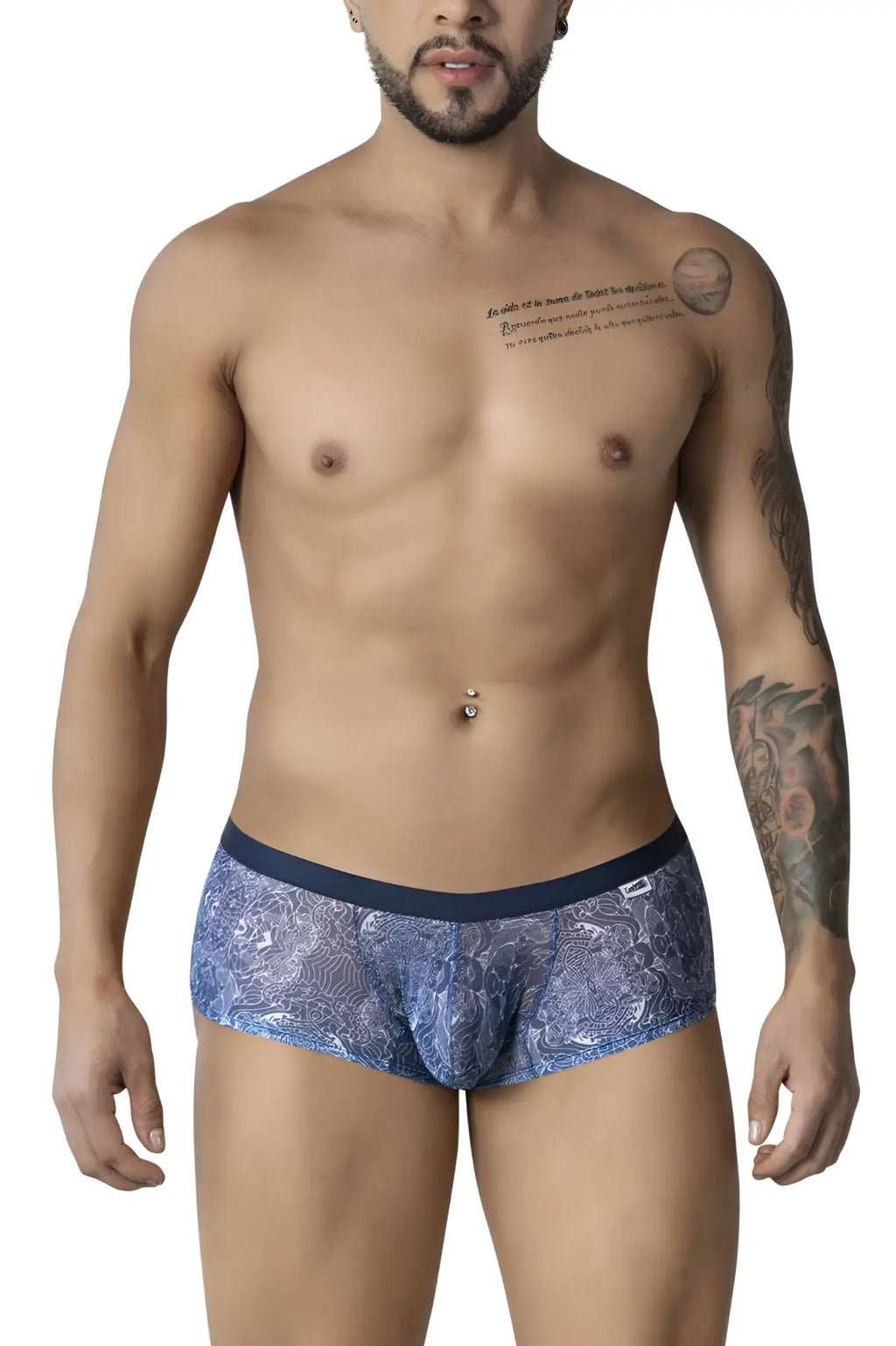 Blue patterned lace briefs with a dark blue waistband from CandyMan 99873 water prints trunks in blue-white color