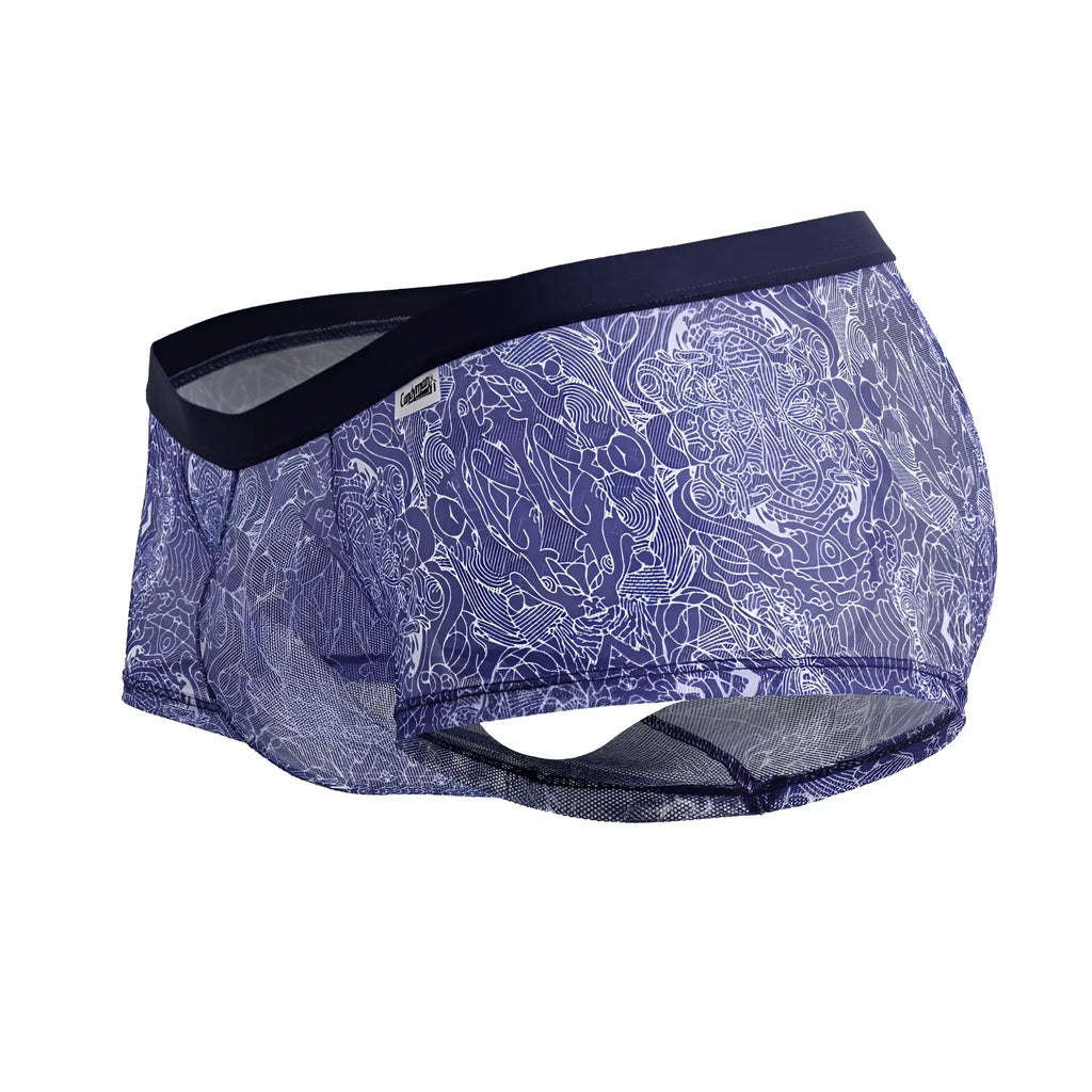 CandyMan 99873 blue and white patterned men’s briefs with intricate design and black elastic waistband