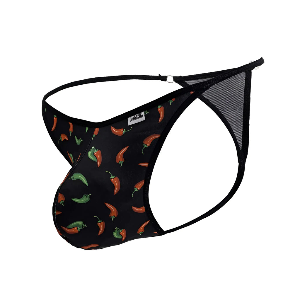 Black mens thong candyMan 99875 with red and green chili pepper print and mesh side panels