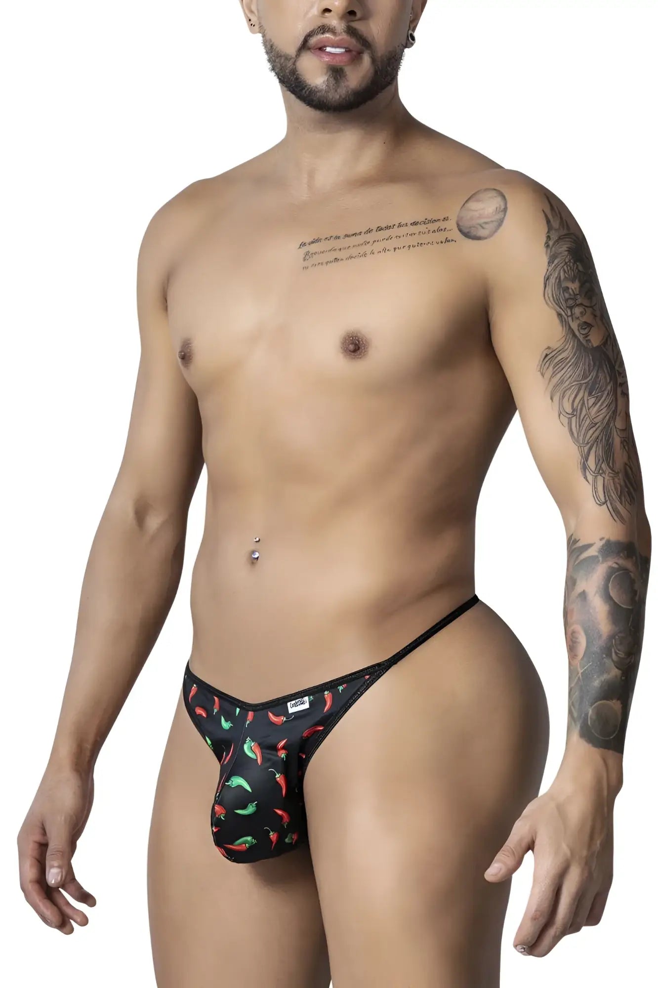 Black candyMan 99875 thong with red and green chili pepper print pattern on fabric for bold style