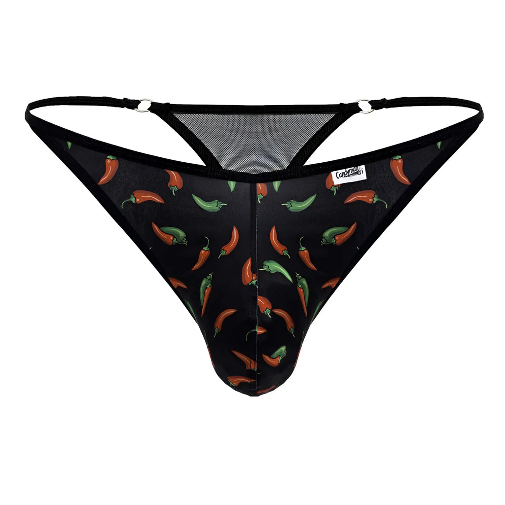 Black CandyMan 99875 thong with red and green chili pepper print and mesh panels on the back