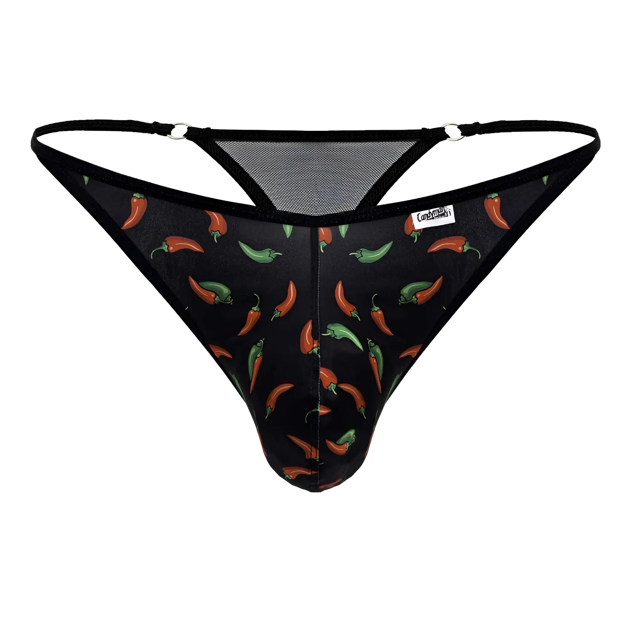 Black CandyMan 99875 thong with red and green chili pepper print and mesh panels on the back