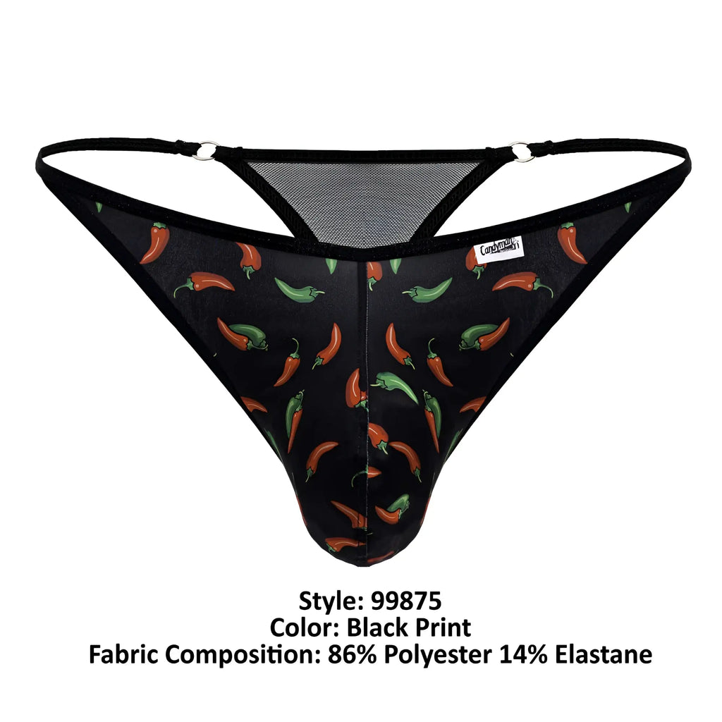Black CandyMan 99875 chili pepper thong with red and green chili pattern, black elastic straps, and mesh back detailing