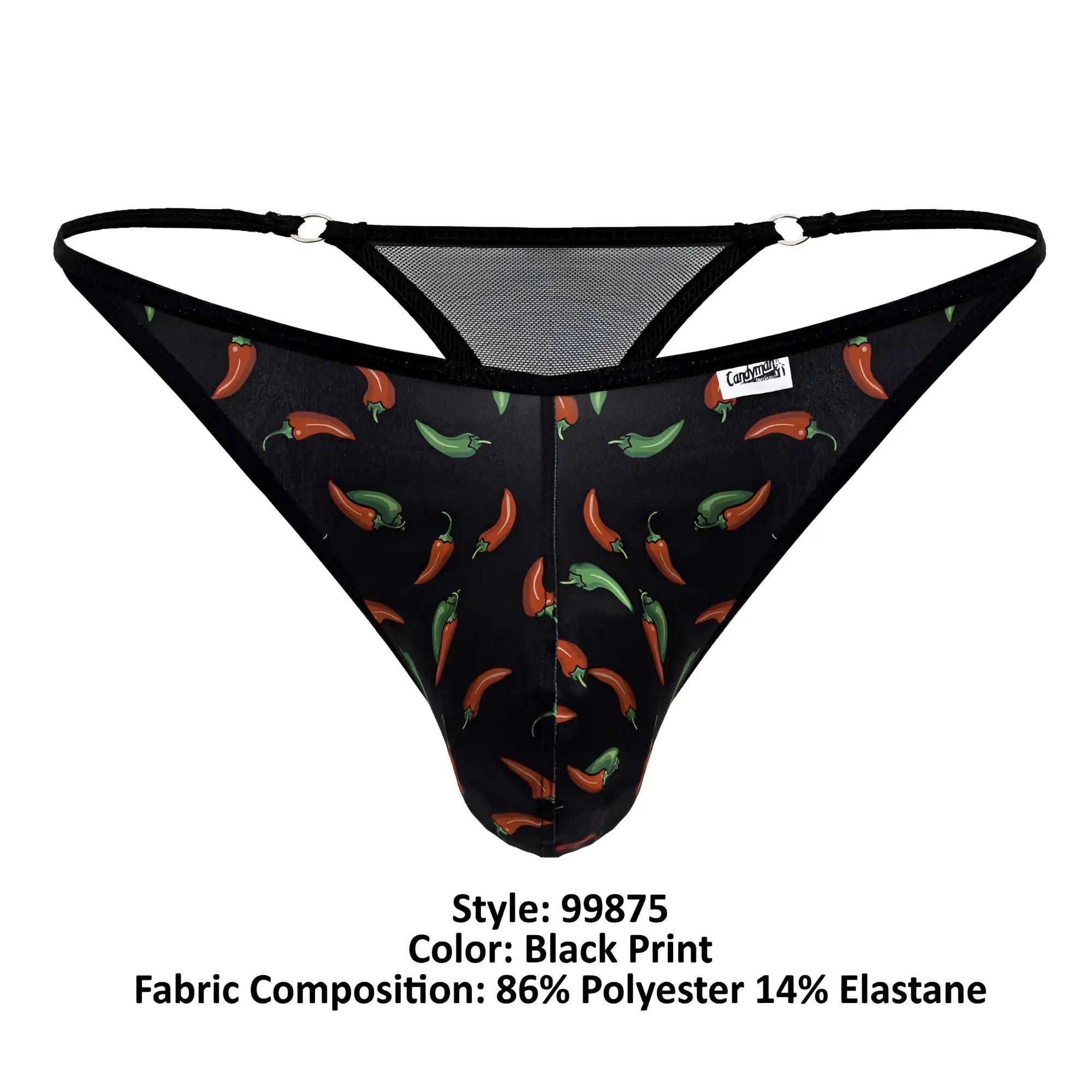 Black CandyMan 99875 chili pepper thong with red and green chili pattern, black elastic straps, and mesh back detailing