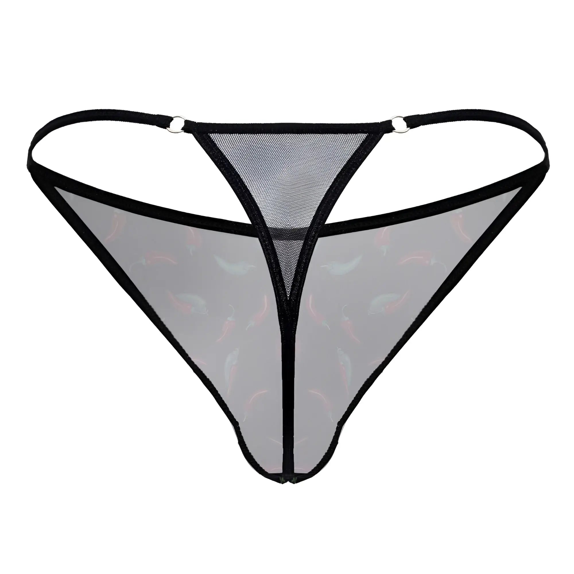 CandyMan 99875 chili pepper thong black sheer mesh with black trim and subtle pink gray fish pattern