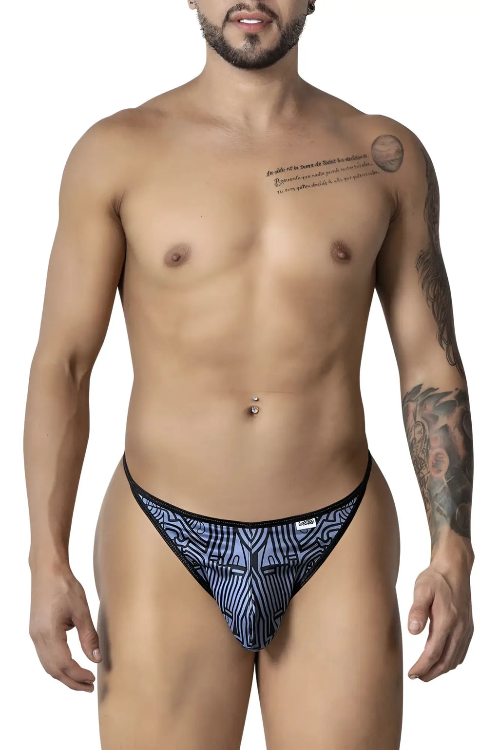 Candyman 99875 egyptian thongs in gray black with blue and black geometric patterned men’s briefs front view