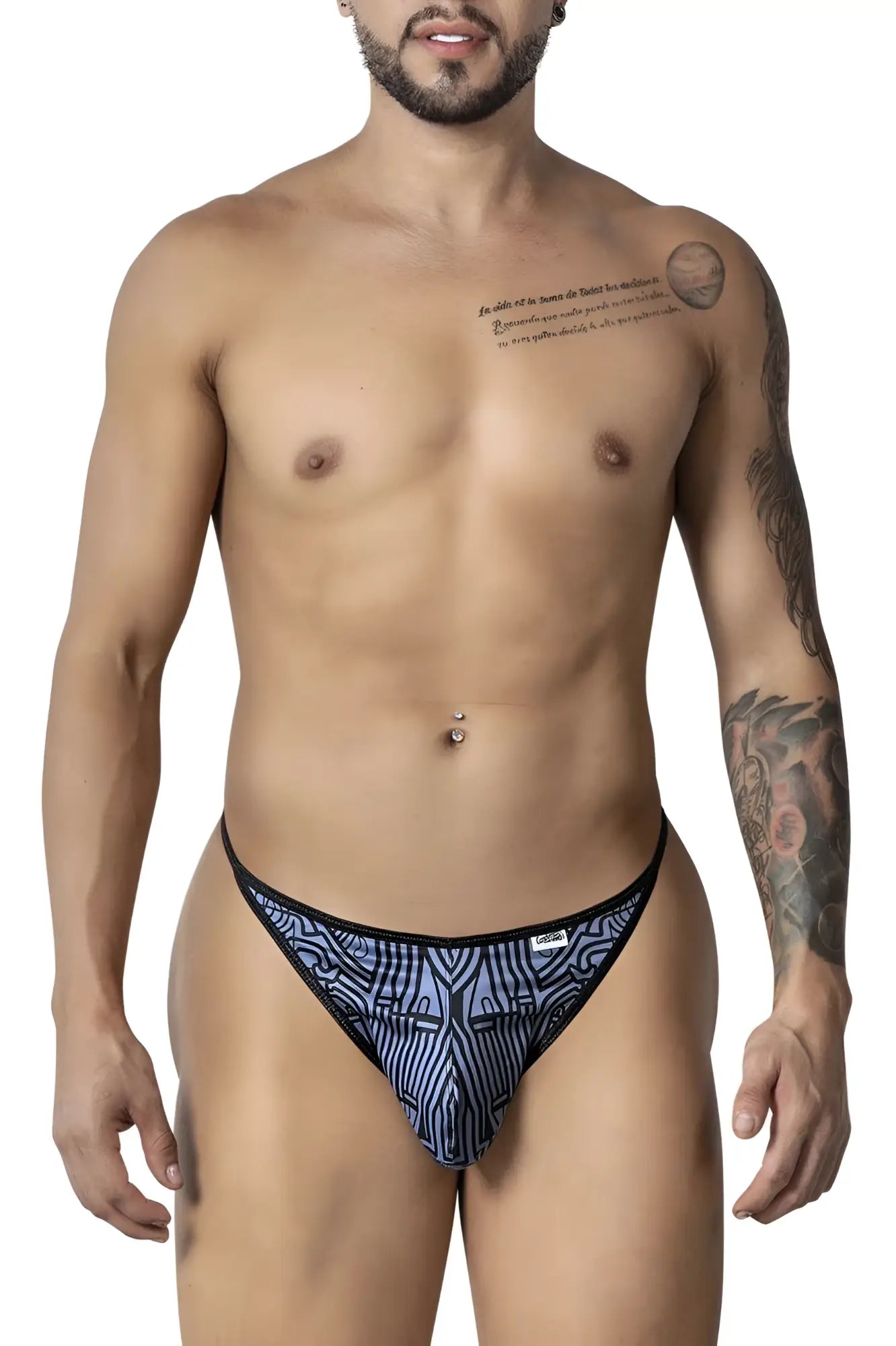 Candyman 99875 egyptian thongs in gray black with blue and black geometric patterned men’s briefs front view