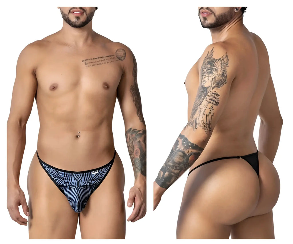 CandyMan 99875 Egyptian thong in gray black featuring a sleek black and blue patterned design for men
