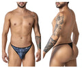 CandyMan 99875 Egyptian thong in gray black featuring a sleek black and blue patterned design for men