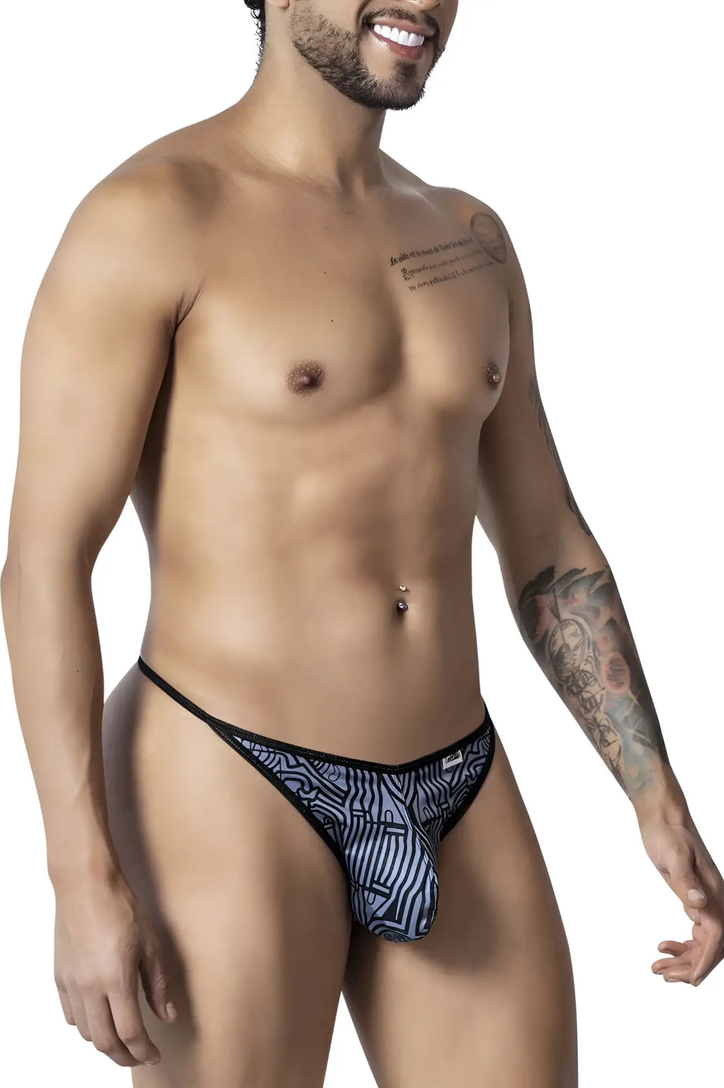 CandyMan 99875 Egyptian thong in gray-black with a bold blue and black abstract pattern for men