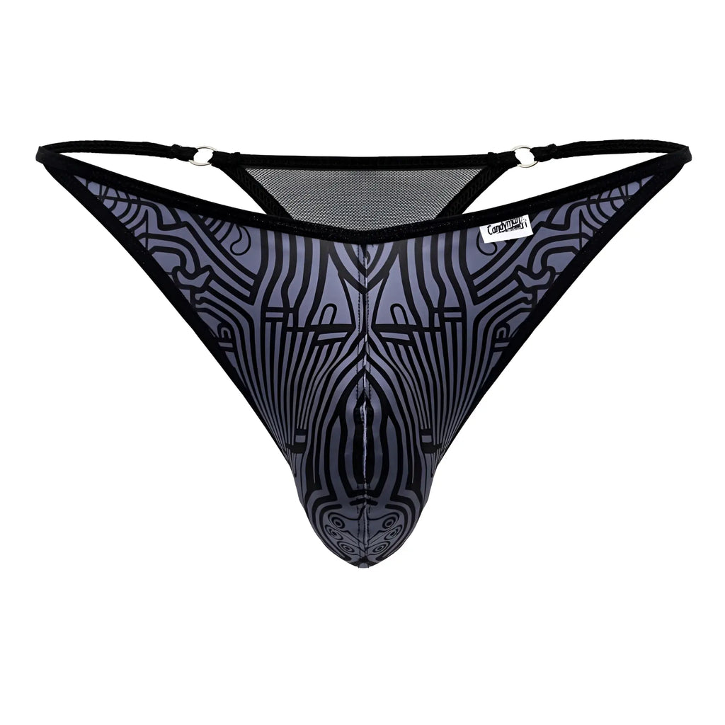 Gray and black candyMan 99875 Egyptian thong featuring a patterned mesh with an abstract face design