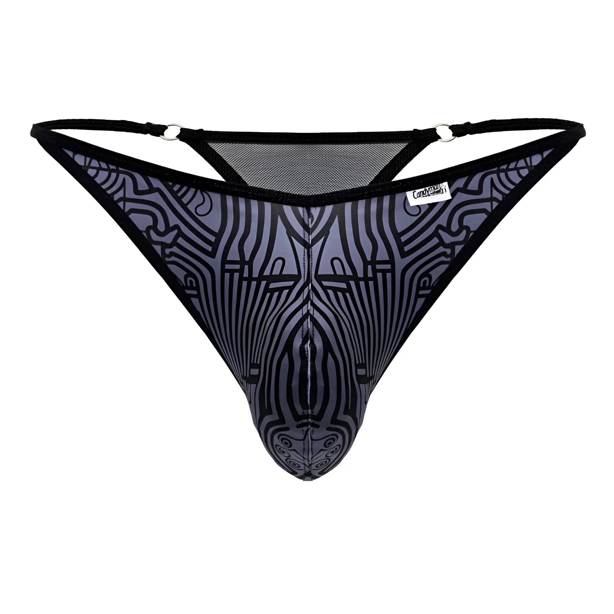 Gray and black candyMan 99875 Egyptian thong featuring a patterned mesh with an abstract face design