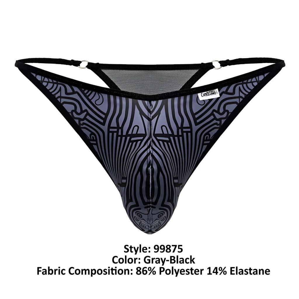 Gray-black patterned mesh CandyMan 99875 Egyptian thong with black trim and stylized zebra-like design