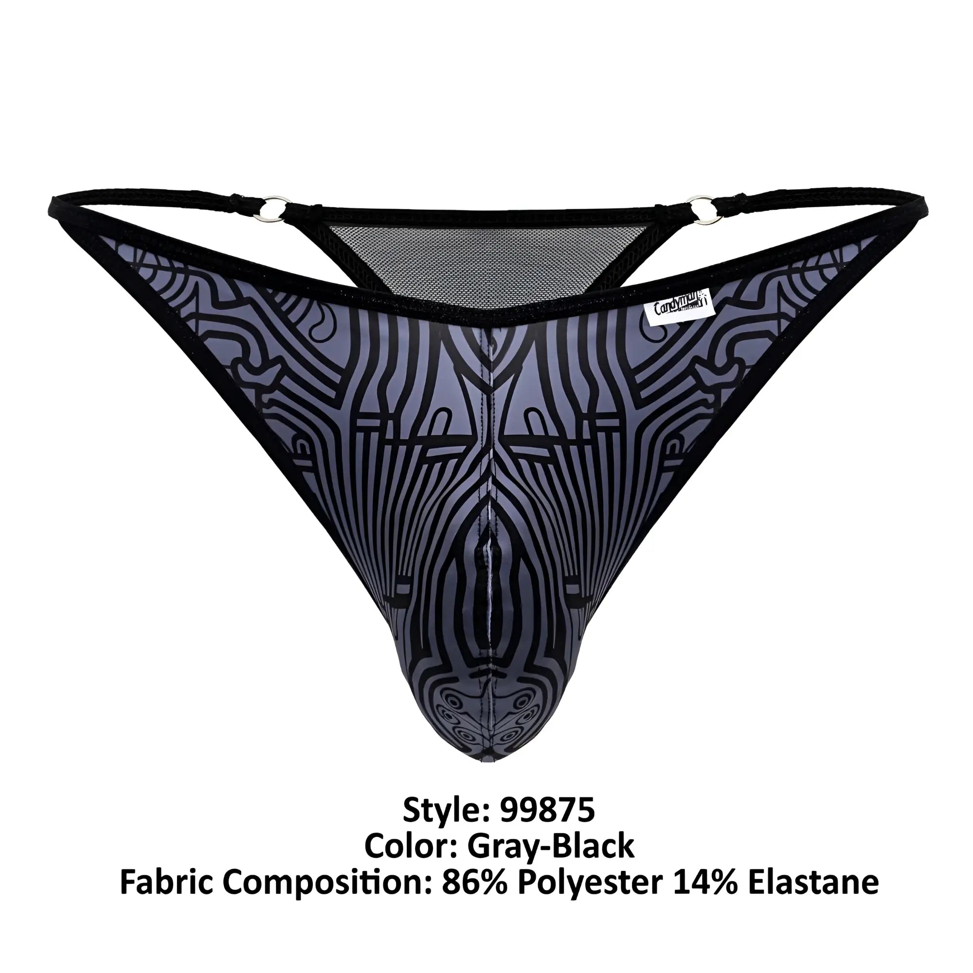 Gray-black patterned mesh CandyMan 99875 Egyptian thong with black trim and stylized zebra-like design