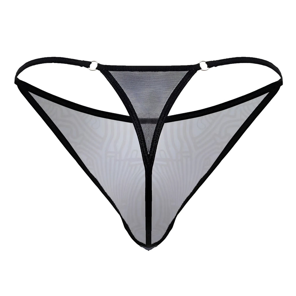 CandyMan 99875 Egyptian thong in gray black sheer mesh with black trim subtle gray pattern and metallic ring attachments