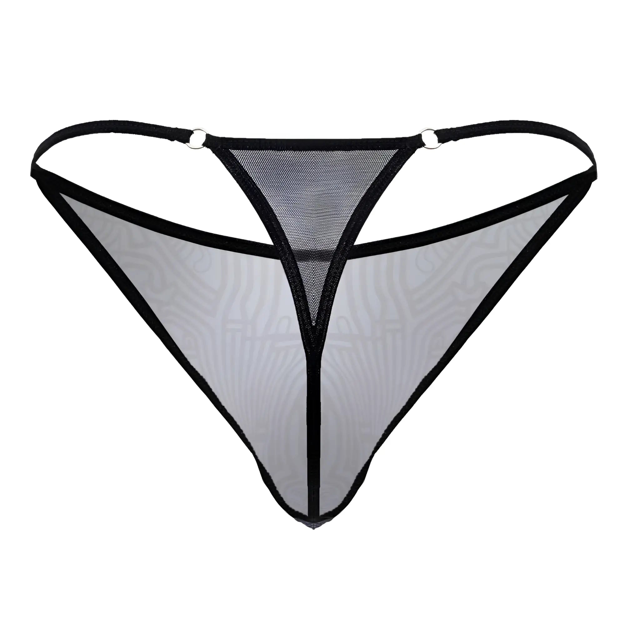 CandyMan 99875 Egyptian thong in gray black sheer mesh with black trim subtle gray pattern and metallic ring attachments