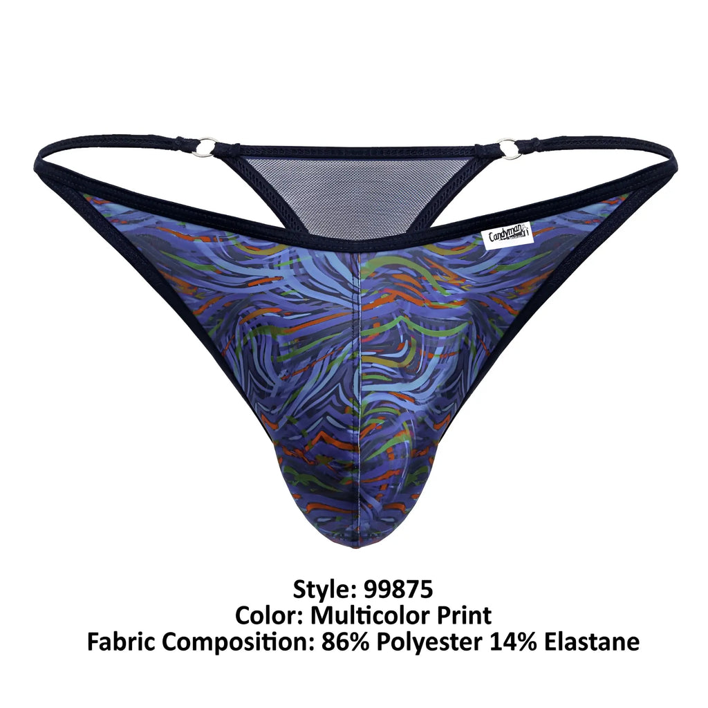 CandyMan 99875 seawater multicolor print thong with abstract wave pattern black mesh back and adjustable straps