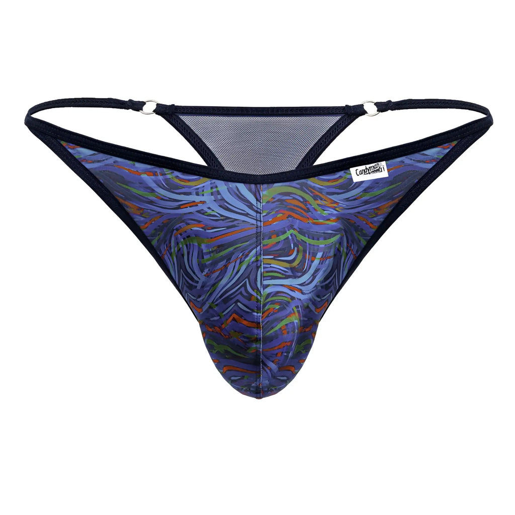 CandyMan 99875 seawater thong in blue and green abstract print with black trim and mesh backband shows back side
