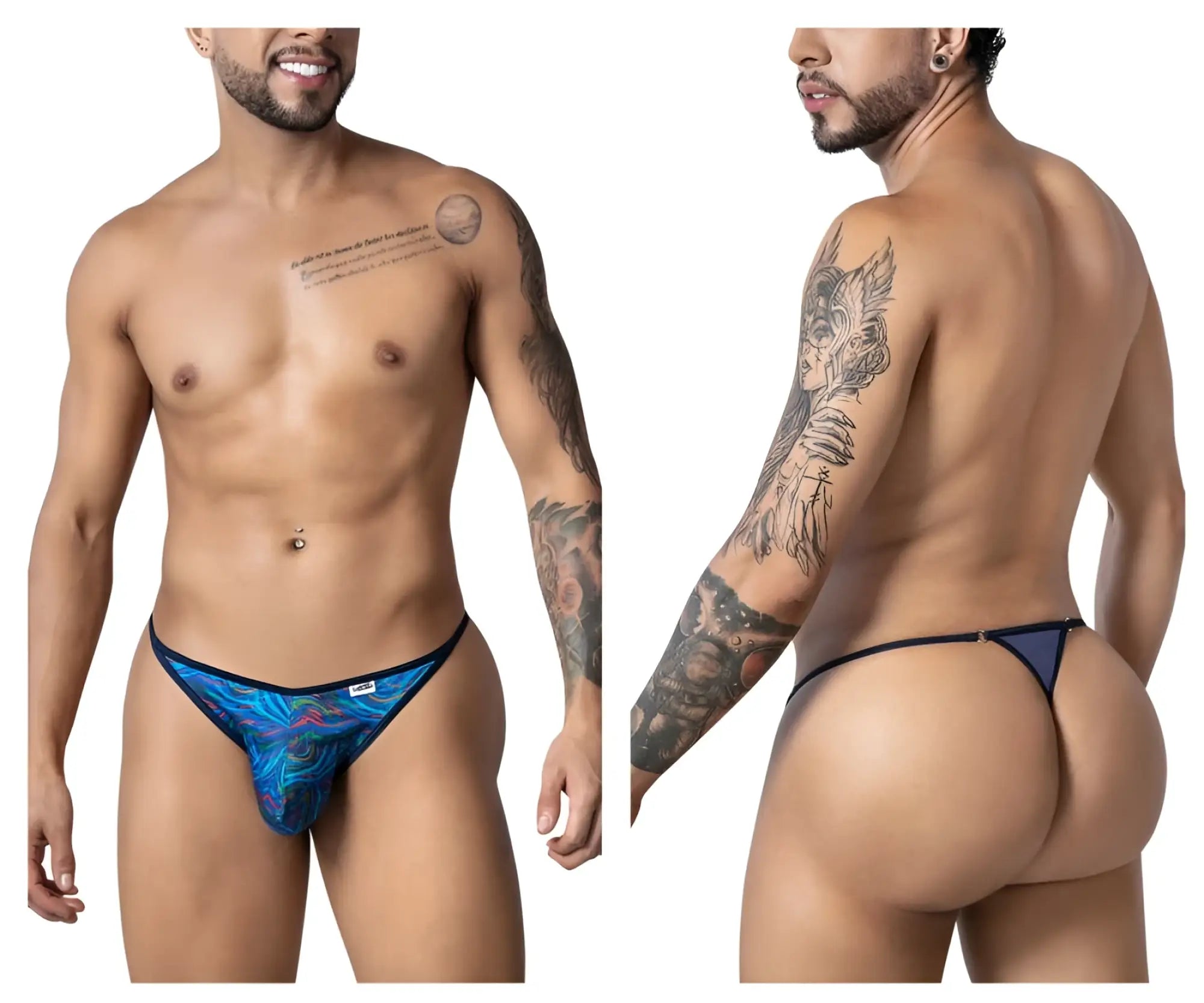 Candyman 99875 seawater thong in blue multicolor print with black trim showing front view