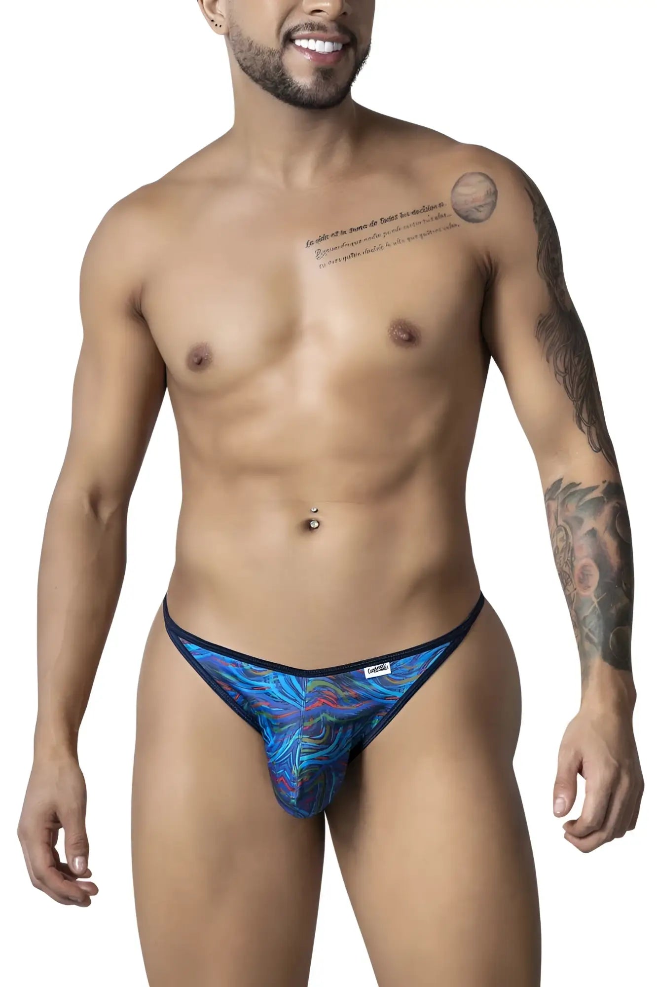 CandyMan 99875 seawater thong with blue and purple abstract pattern and black trim multicolor print