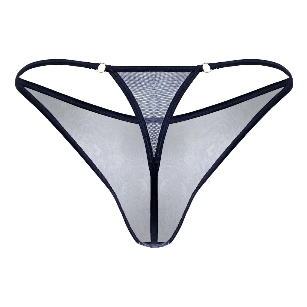 Black-trimmed sheer mesh thong with subtle floral pattern in blue-white from Candyman 99875 water prints collection