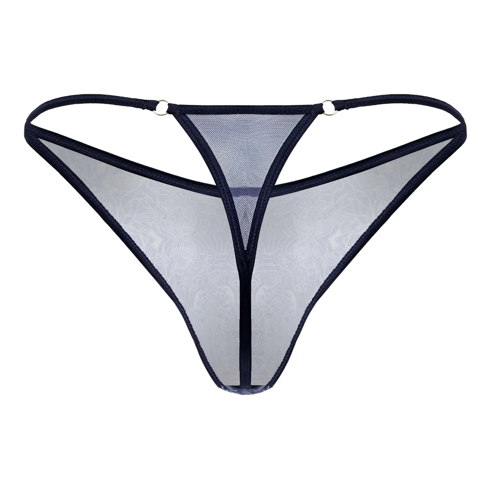 Black-trimmed sheer mesh thong with subtle floral pattern in blue-white from Candyman 99875 water prints collection