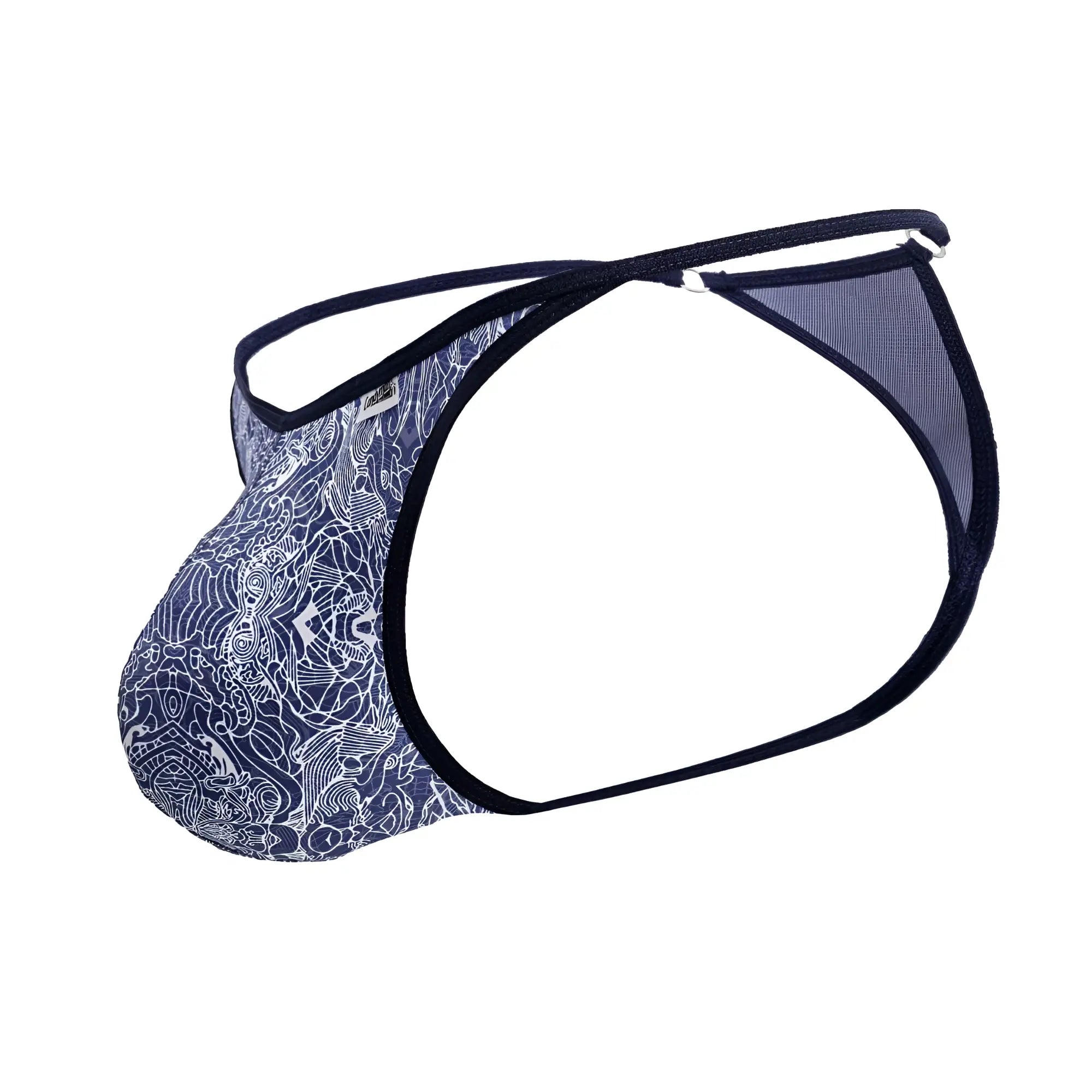 Blue patterned CandyMan 99875 men’s briefs with white intricate designs and black trim in front view