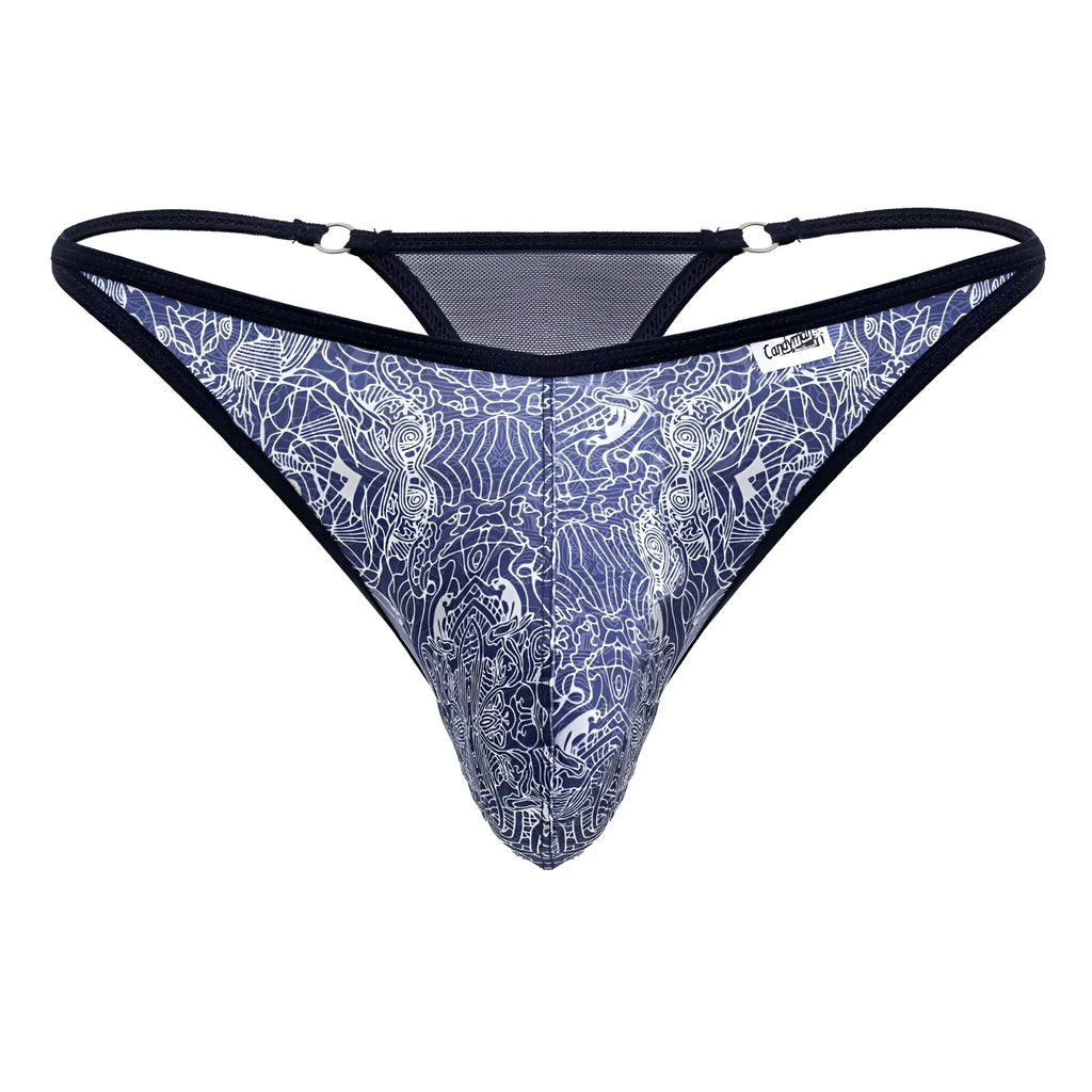 CandyMan 99875 blue and white patterned thong with black trim showing front side in comfortable fabric