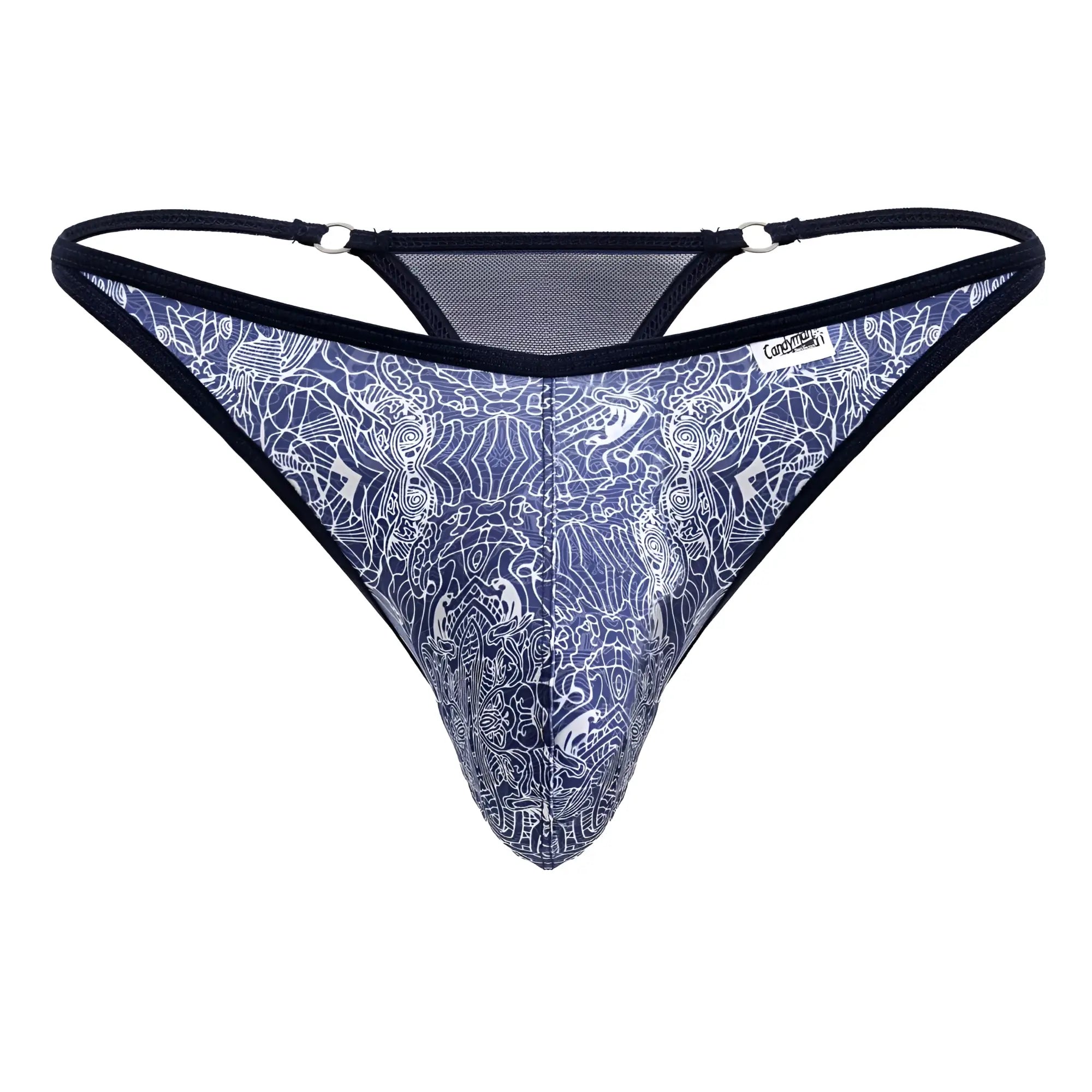 CandyMan 99875 blue and white patterned thong with black trim showing front side in comfortable fabric