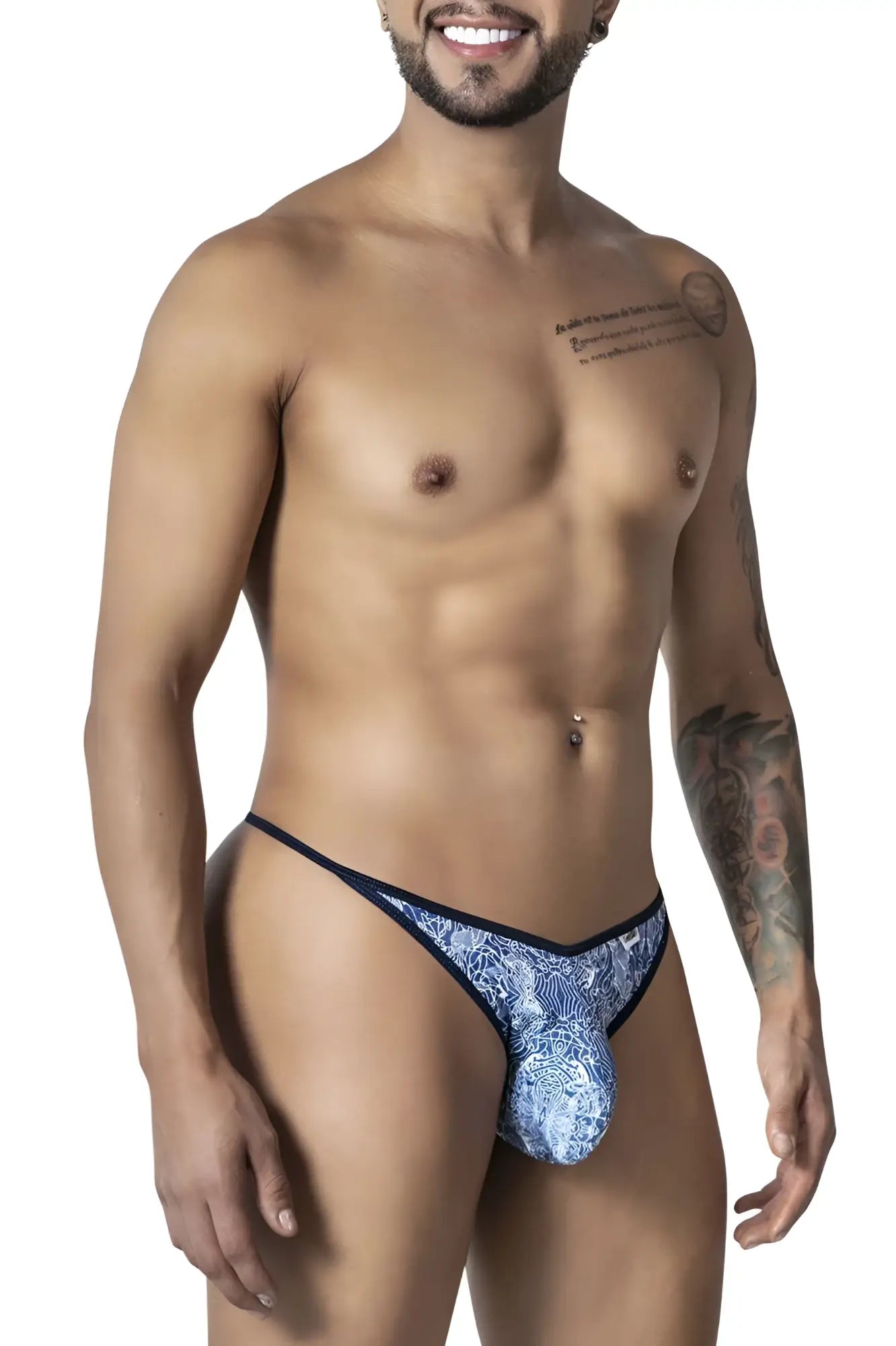 Blue-white CandyMan 99875 thong with blue patterned fabric and dark blue trim shown from the back side