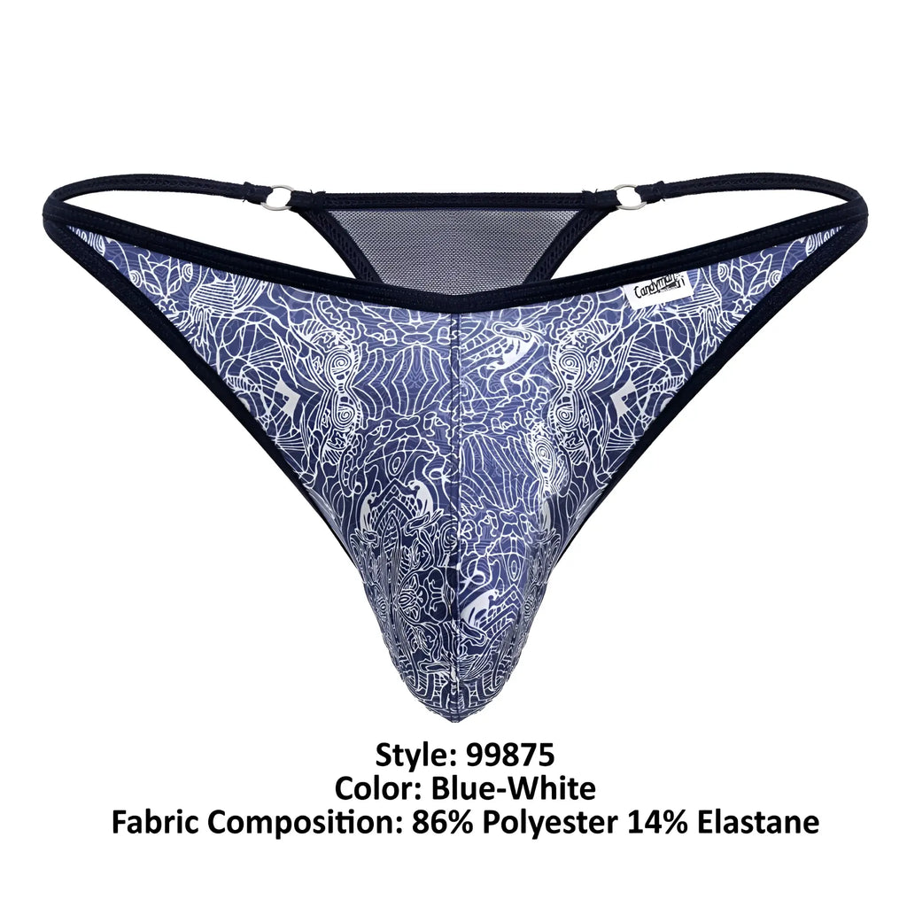 Blue-white patterned thong with intricate white line art, black elastic straps, and mesh detailing at the back by CandyMan
