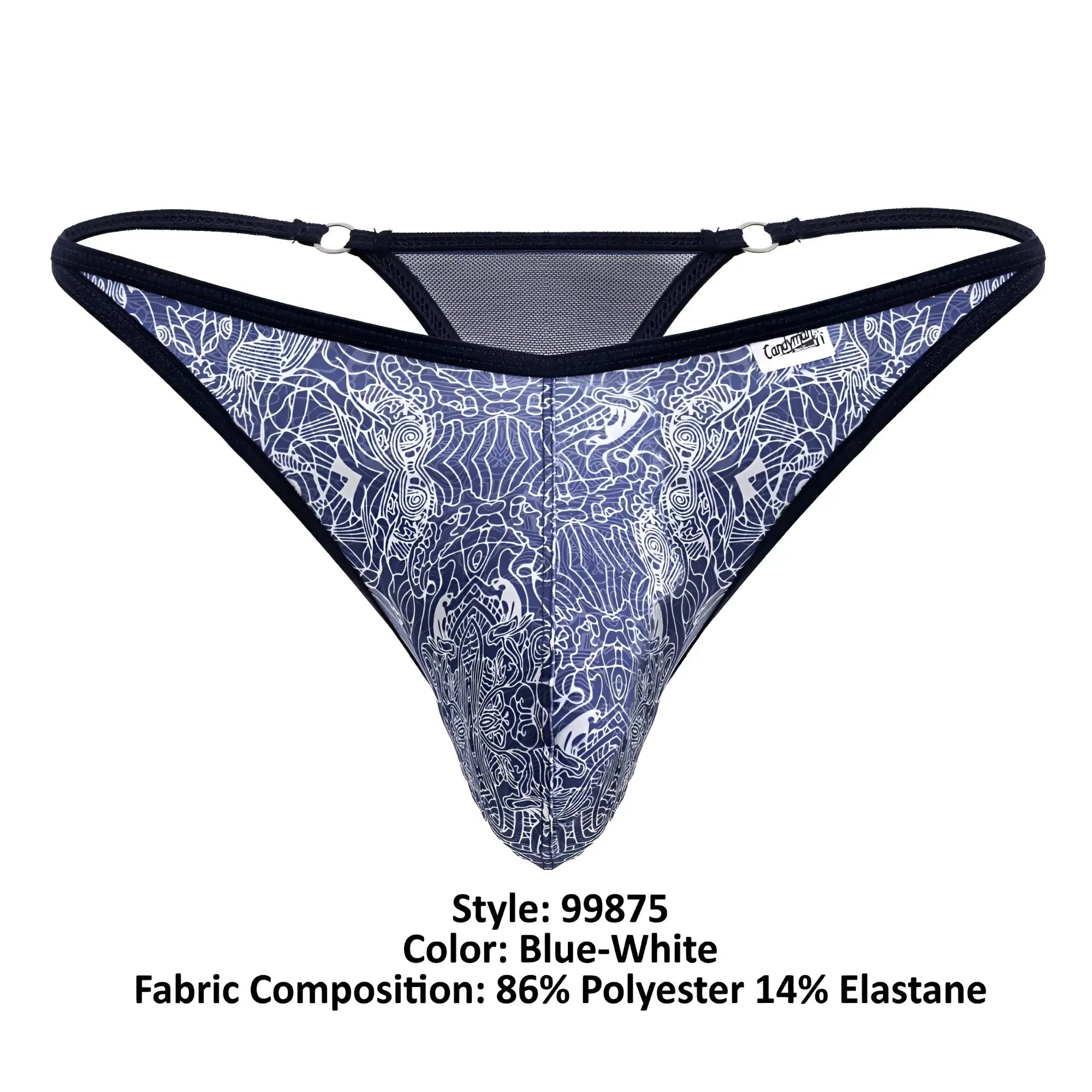 Blue-white patterned thong with intricate white line art, black elastic straps, and mesh detailing at the back by CandyMan