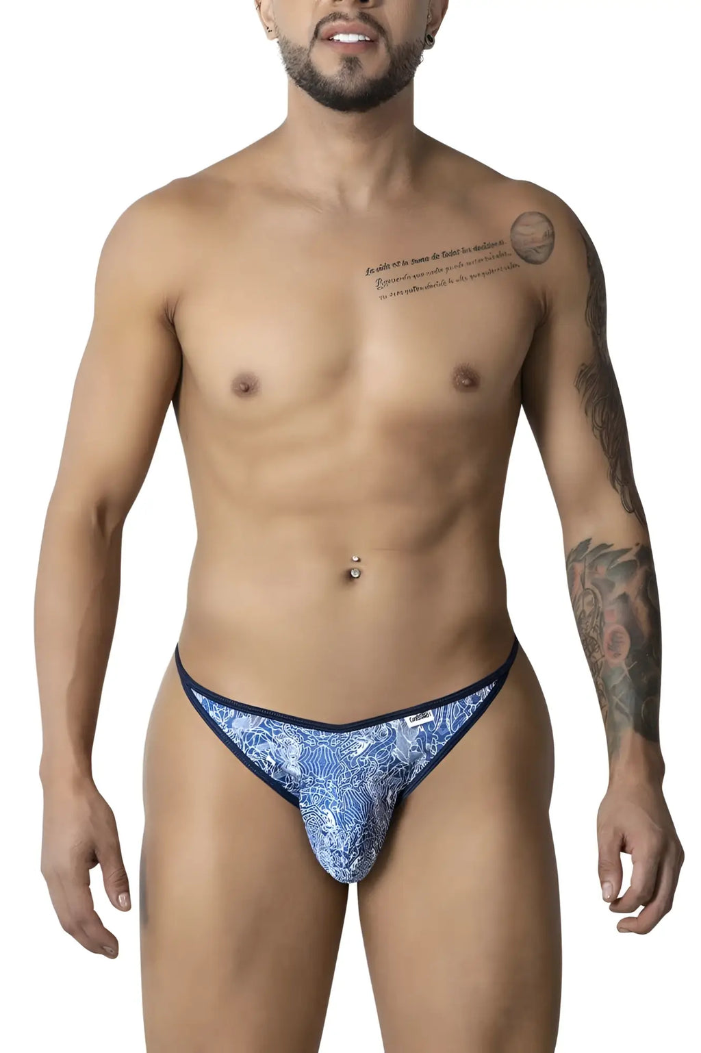 Blue and white patterned CandyMan 99875 thong with navy trim featuring water prints design