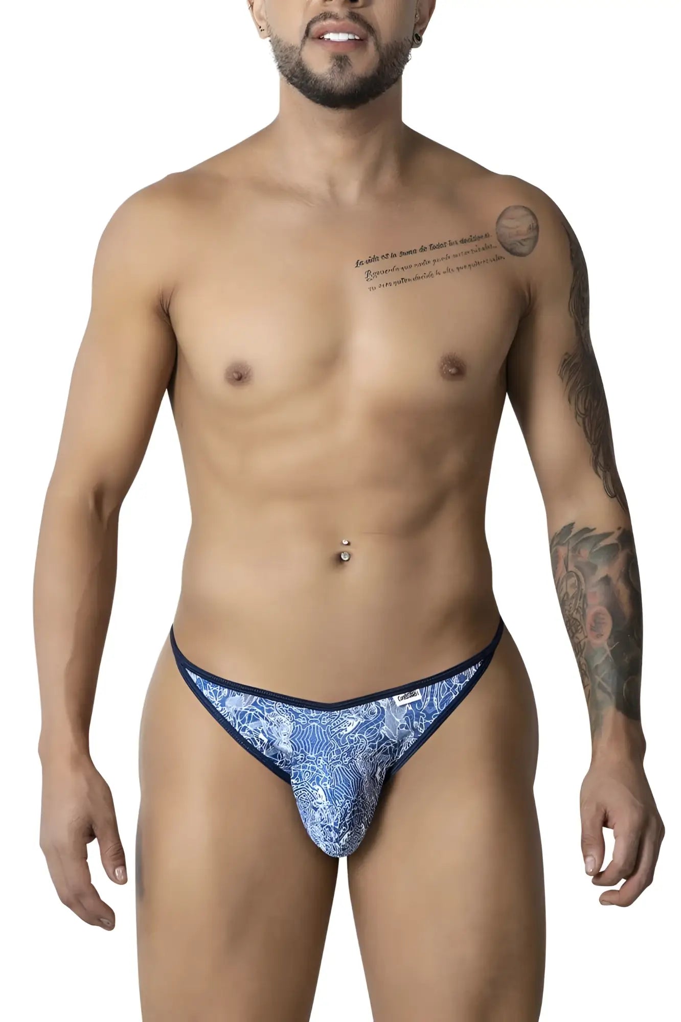 Blue and white patterned CandyMan 99875 thong with navy trim featuring water prints design