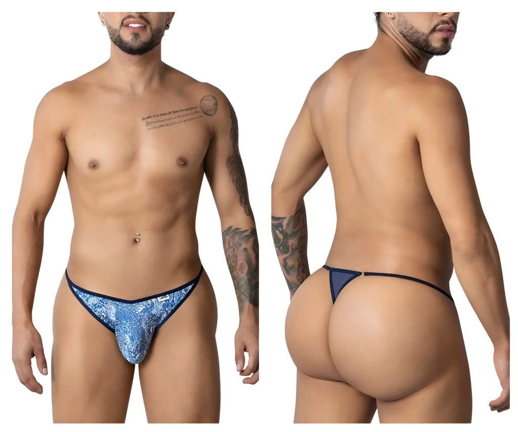 Blue and white patterned thong with navy trim by candyman featuring water prints design