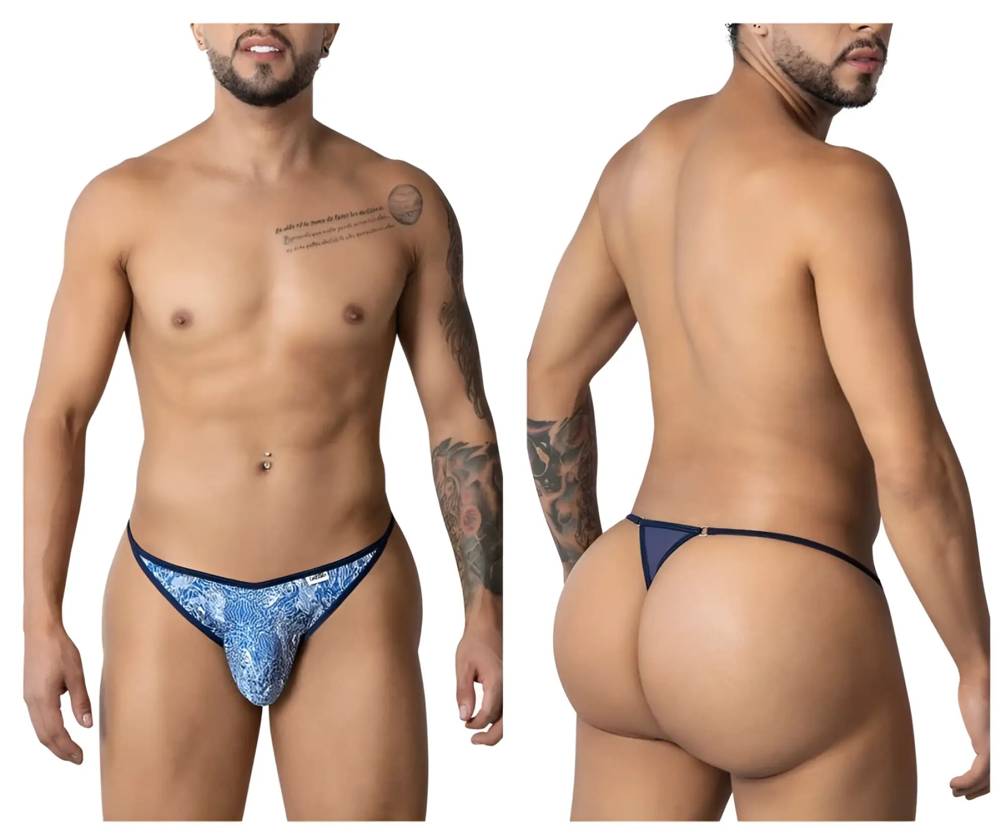 Blue and white patterned thong with navy trim by candyman featuring water prints design
