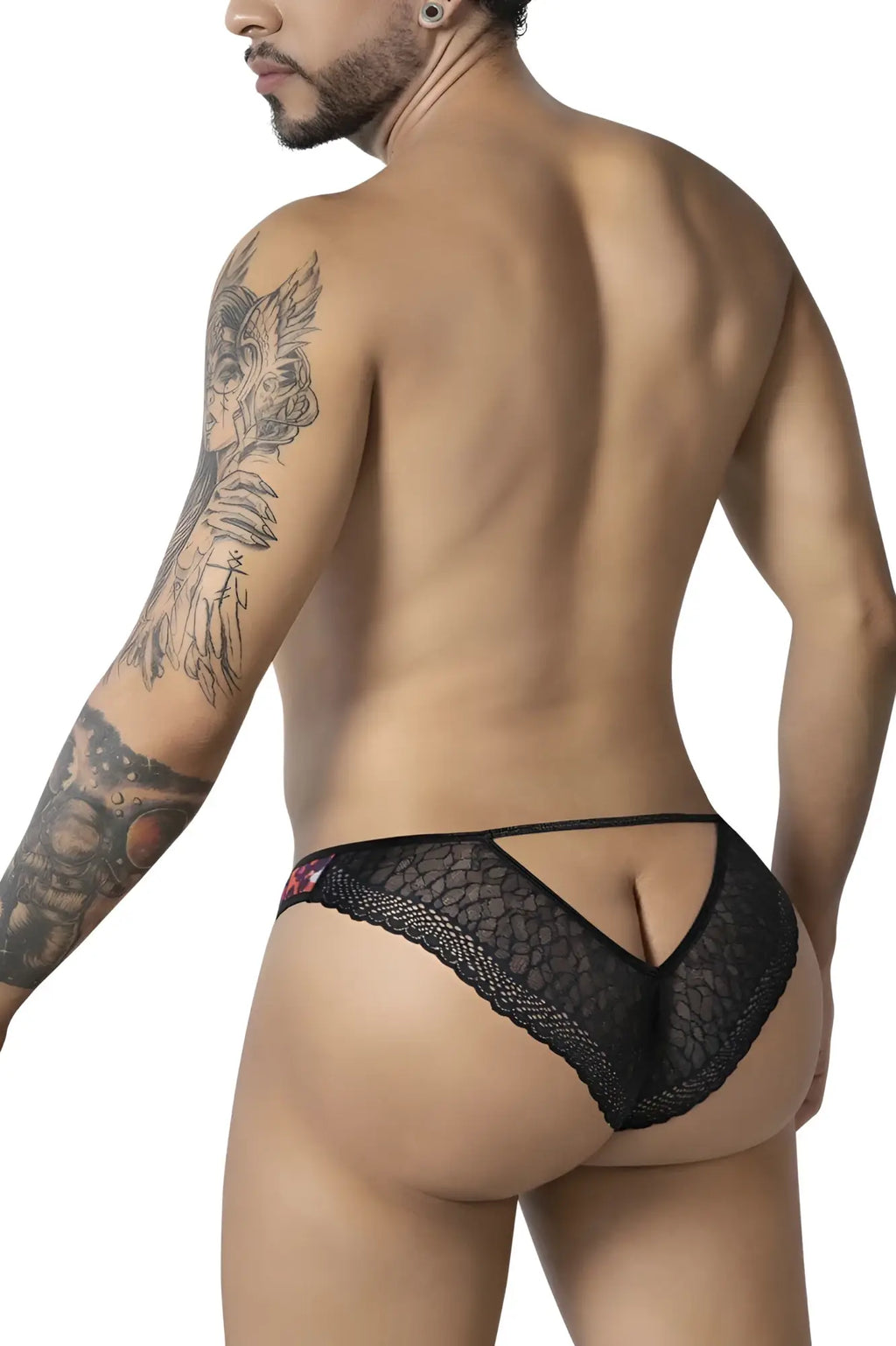 Black lace thong with delicate mesh and small pink floral design on side featured in candyman 99876 leopard briefs color animal print