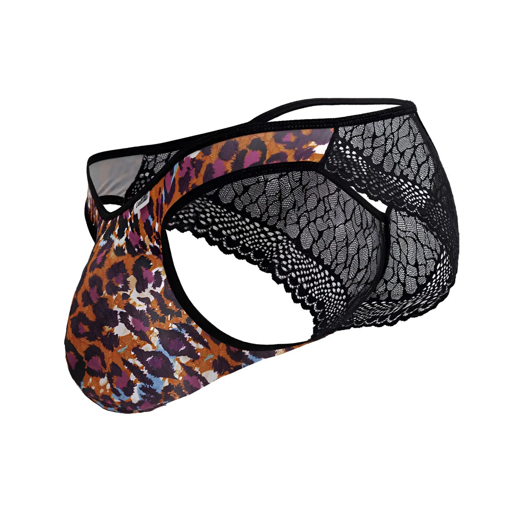 CandyMan 99876 leopard briefs with leopard print lace trim and bold orange purple black patterned front panel