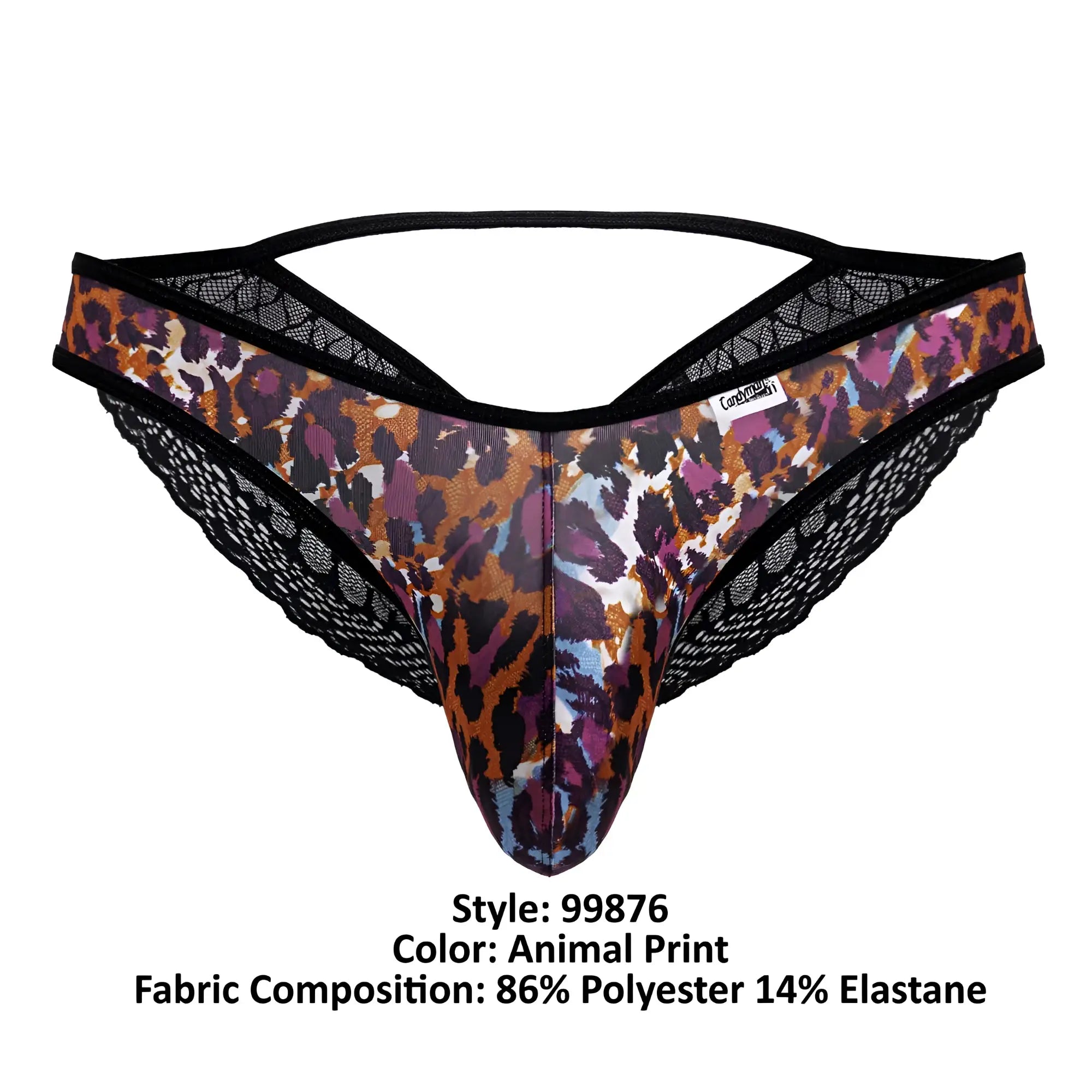 A men’s thong candy man 99876 leopard briefs with bold brown purple and black animal print and lace trim edges