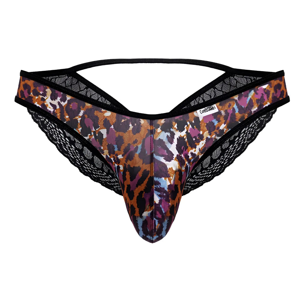 A mens thong CandyMan 99876 leopard briefs with multicolored animal print and black lace trim front panel